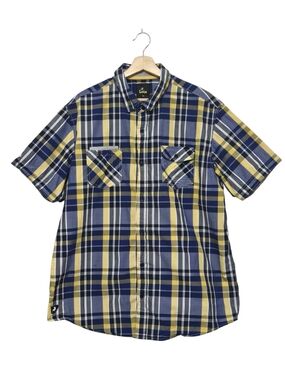 Lois  Short Sleeve Plaid Button-Up Shirt - Navy & Yellow  Mens Size US XL